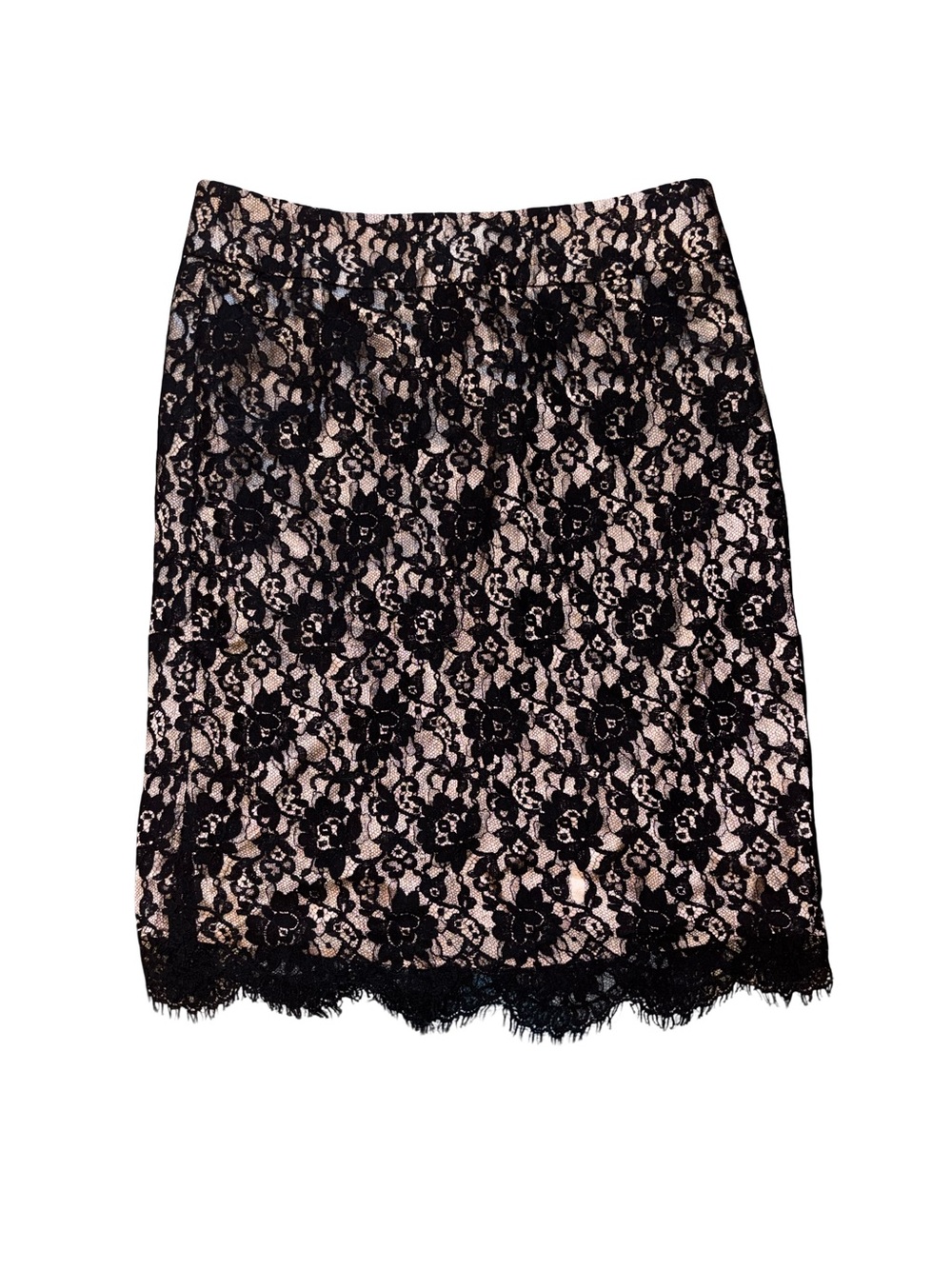 Black Lace Overlay Midi Skirt with Nude Lining